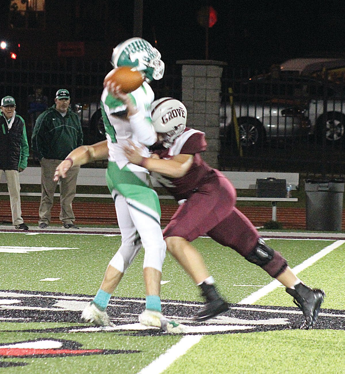 The Panthers’ Colton Allen hits a Thayer player on an attempted pass after a reverse at the end of the game.